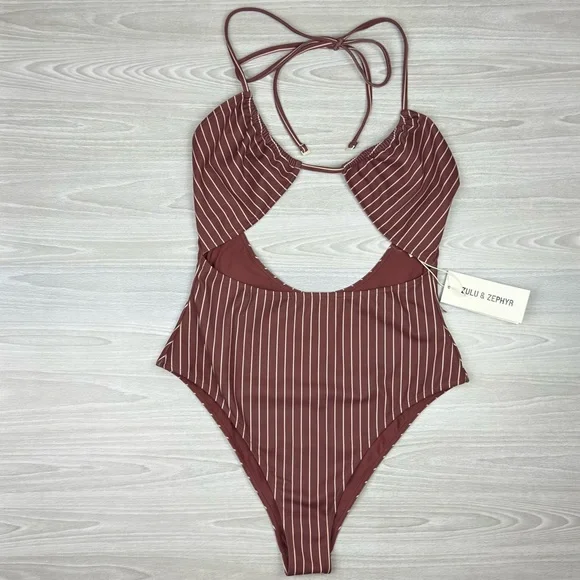 Free People x Zulu & Zephyr Stripe Halter One Piece Swimsuit Stripe Plum Size 10 - Picture 6 of 13